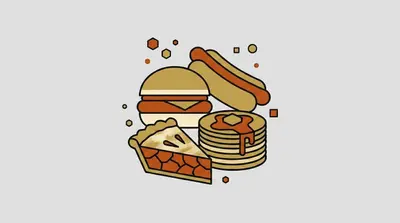 A burger with a round bun, a sausage in a long bun, a slice of pie with a lattice crust, and a stack of dripping pancakes.