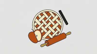Flat illustration of a lattice apple pie, a wooden rolling pin, and a sliced apple on a light gray background