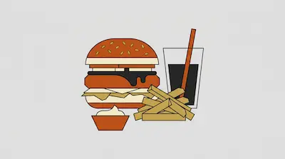Flat illustration of a sesame seed burger, a pile of french fries, and a soda with a straw on a gray background