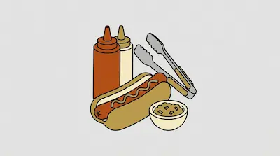 Flat illustration of a hot dog with mustard, squeeze bottles, and metal tongs on a light gray background