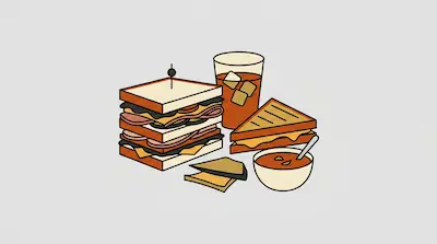 Flat illustration of a tall club sandwich, an iced tea with cubes, and a bowl of soup on a light grey background