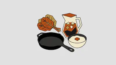 Flat illustration of a cast iron skillet, a bowl of grits, a pitcher of iced tea, and collard greens on a gray background