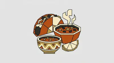 Flat illustration of a taco, a steaming bowl of beans, and a patterned bowl of salsa on a light gray background