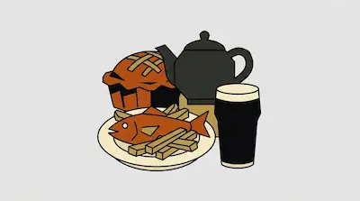 Flat illustration of a plate of fish and chips, a lattice pie, a black teapot, and a pint of stout on a gray background