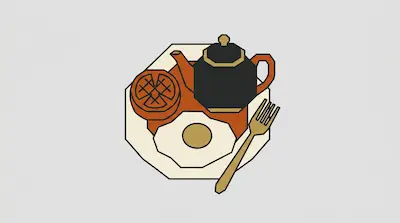 Flat illustration of a breakfast tray with a black teapot, a fried egg, and a gold fork on a light gray background