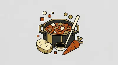 A cooking pot filled with chunky stew and a ladle, a potato, a carrot, and a small bowl beside it.