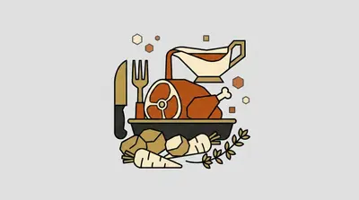 A roasting pan holding a joint of meat, a carving knife and fork, a gravy boat, root vegetables, and a sprig of herbs.
