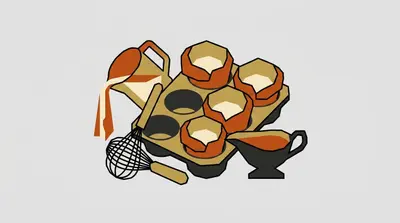 A muffin tin with risen pastries, a jug pouring batter, a whisk, and a gravy boat.