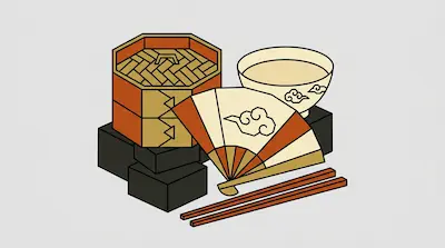 A bamboo steamer, a bowl, a folding fan, and chopsticks are arranged on dark blocks.