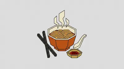 A geometric bowl of steaming noodles with chopsticks, a spoon, and a small dish of sauce.