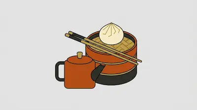 A teapot sits next to a steamer basket containing a dumpling and a pair of chopsticks.