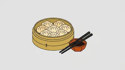 Flat illustration of a bamboo steamer filled with dumplings, a small bowl of soy sauce, and black chopsticks.