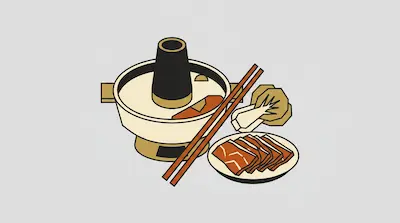Flat illustration of a Chinese hot pot with chopsticks, sliced meat on a plate, and vegetables on a gray background