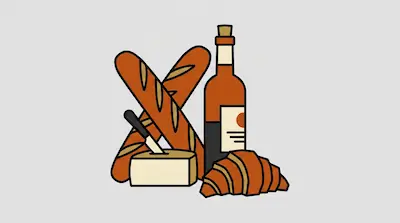 Two crossed baguettes, a bottle of wine, a block of cheese with a knife, and a croissant.