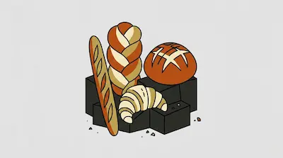 A baguette, a braided loaf, a round loaf, and a croissant are arranged on dark blocks.