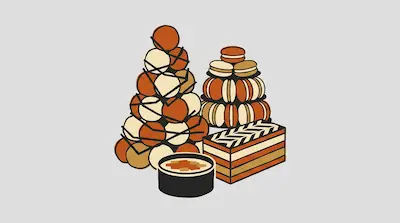 A collection of stylized French pastries including a croquembouche, a macaron tower, and a layered cake in orange and cream tones.