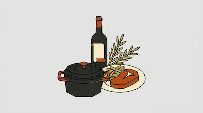 A black cooking pot, a bottle of wine, and a plate of steak and fries.