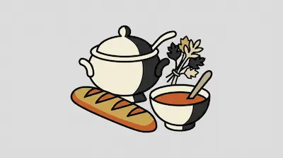 A soup tureen, a bowl of soup with a spoon, a loaf of bread, and a bunch of herbs.