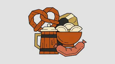 Flat illustration of a wooden beer stein, a large pretzel, and a bowl of dumplings on a light grey background