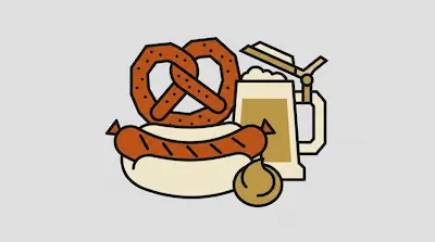 Flat illustration of a large pretzel, a grilled bratwurst in a bun, and a foaming beer stein on a gray background