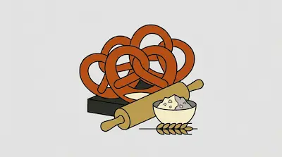 Flat illustration of pretzels, a rolling pin, a bowl of flour, and a wheat stalk on a light gray background