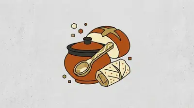 A clay cooking pot, a bread loaf, and a wooden spoon arranged together.