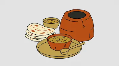 A stack of flatbreads, two bowls of stew, and a clay oven.
