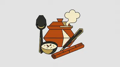 A stylized brown pot with steam rising from it, accompanied by a large spoon, a bowl of porridge, and cinnamon sticks.