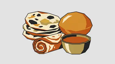 A stack of flatbreads, a rolled wrap, a puffed bread, and a small bowl of sauce.