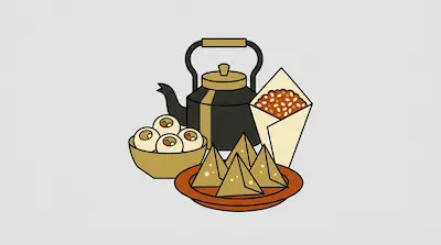 A black teapot surrounded by a bowl of round snacks, a plate of samosas, and a paper cone filled with street food.