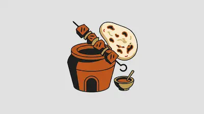 A clay tandoor oven with a meat skewer, a piece of naan bread, and a small bowl of sauce.