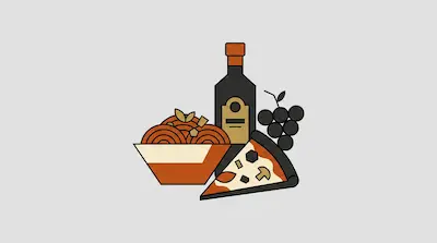 A bowl of spaghetti, a slice of pizza, a bottle, and a bunch of grapes.