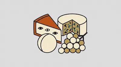 A stylized arrangement of various cheeses, including a wedge with three eyes, and a bunch of grapes.
