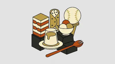 A minimalist arrangement of desserts including a layered cake, cannoli, flan, and ice cream, alongside a baseball on a tee and a wooden fork.