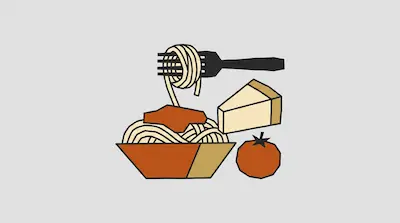 A bowl of spaghetti with sauce, a fork lifting noodles, a wedge of cheese, and a tomato.