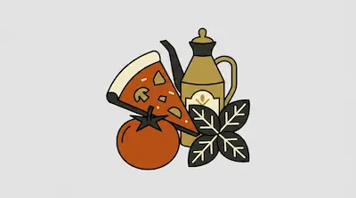 A pizza slice, a tomato, a bottle of olive oil, and basil leaves.