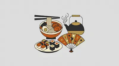 Flat illustration of a steaming ramen bowl with chopsticks, a plate of sushi, a teapot, and a decorative folding fan