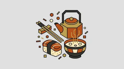 A teapot, a steaming bowl of soup, chopsticks on a rest, and a piece of sushi with a seaweed band.