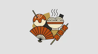 Flat illustration of Japanese street food including a bowl of ramen, takoyaki, and a meat skewer next to a folding fan