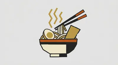 Flat illustration of a steaming ramen bowl with noodles, a soft boiled egg, and chopsticks on a light gray background