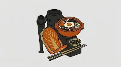 Flat illustration of a Korean meal with bibimbap in a stone pot, kimchi, and chopsticks on a light gray background