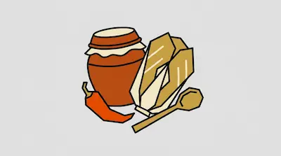 Flat illustration of a brown ceramic jar, a head of napa cabbage, a red chili pepper, and a wooden spoon