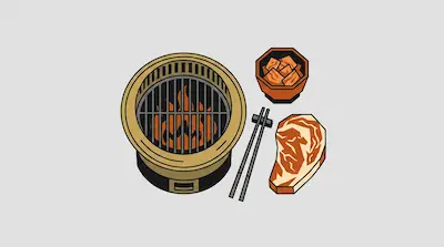 Flat illustration of a round charcoal grill with flames, a raw steak, chopsticks, and a bowl of food on a gray background