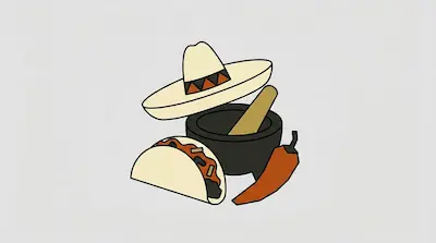 A sombrero, a molcajete with a pestle, a taco, and a chili pepper.