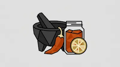 A dark gray mortar and pestle, a red chili pepper, a jar of orange sauce, and a lemon slice.