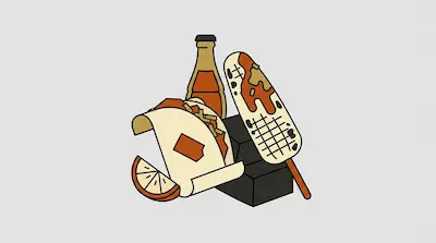 A taco, a corn on the cob on a stick, a bottle, and a citrus wedge.