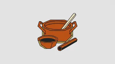 A geometric orange pot with a spoon inside, a small bowl of dark liquid, and a brown stick.