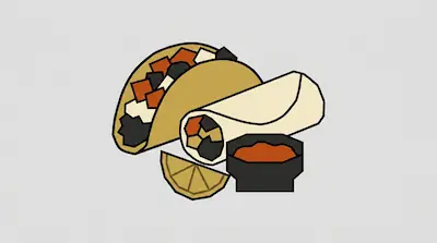 A taco, a burrito, a bowl of salsa, and a lime wedge in a minimalist graphic style.