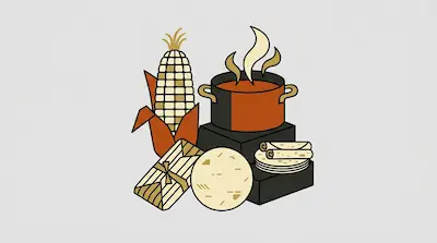 An ear of corn, a steaming pot of soup, a tamale, and a stack of tortillas.