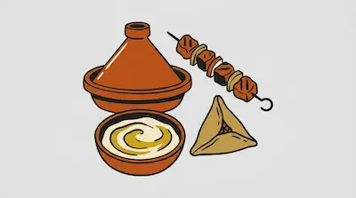 Flat illustration of a clay tagine, a bowl of hummus, a meat skewer, and a samosa on a light grey background